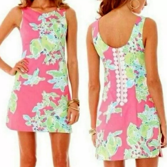 Lilly Pulitzer Delia Shift Dress Hottie Pink Lemonade Sz 4 Crochet Detail Cotton - Picture 2 of 8